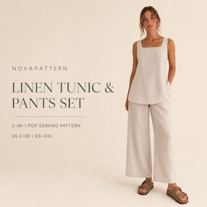 Linen Tunic and Linen Pants Sewing Patterns Set, Linen Tunic Top(2 version),Square Neck Tunic, Pull On Pants Set Pattern, A0 A4 US Letter