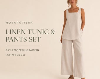 Naaipatronen voor een linnen tuniek en linnen broek, linnen tuniek (2 versies), tuniek met vierkante hals, en een set met aantrekbroek, A0 A4 US Letter