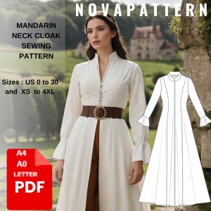 Mandarin Neck  Medieval Cloak Sewing Pattern, Fantasy Dress, Elven dress,Magical Gown,Halloween Cosplay Pattern,Elvish dress