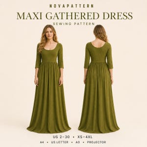 Puede incluir: Un patrón de costura para un vestido largo fruncido de NOVAPATTERN. La imagen muestra las vistas frontal y trasera de un vestido verde oliva hasta el suelo con mangas tres cuartos y cuello redondo. Texto: US 2-30, XS-4XL, A4, US LETTER, A0, PROJECTOR.