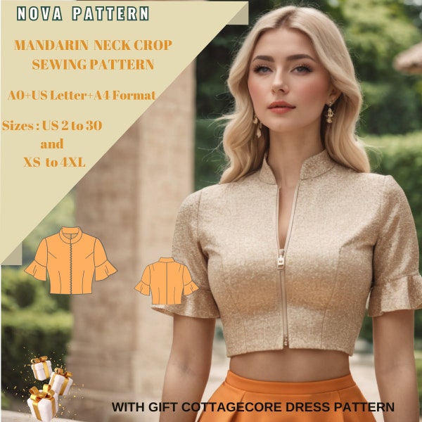 Cheongsam blouse,mandarin neck crop pattern,Ladies Size ( US2 to 30 )-EU(XS to 4XL)-(Our collection includes plus size options)