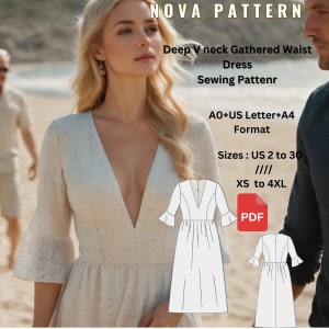 Patrón de vestido de verano midi con escote en V profundo y fruncido, vestido de verano midi ajustado y con mangas acampanadas, adecuado para tallas A0-A4-Letter // Tallas de mujer; EE. UU. 2 a 30