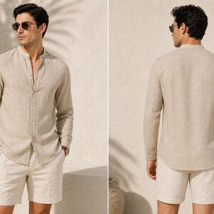 Puede incluir: Camisa de lino beige con cuello mao y mangas largas, combinada con pantalones cortos color blanco roto. La camisa est&aacute; abotonada y los pantalones cortos tienen un corte relajado. El conjunto es adecuado para climas c&aacute;lidos.