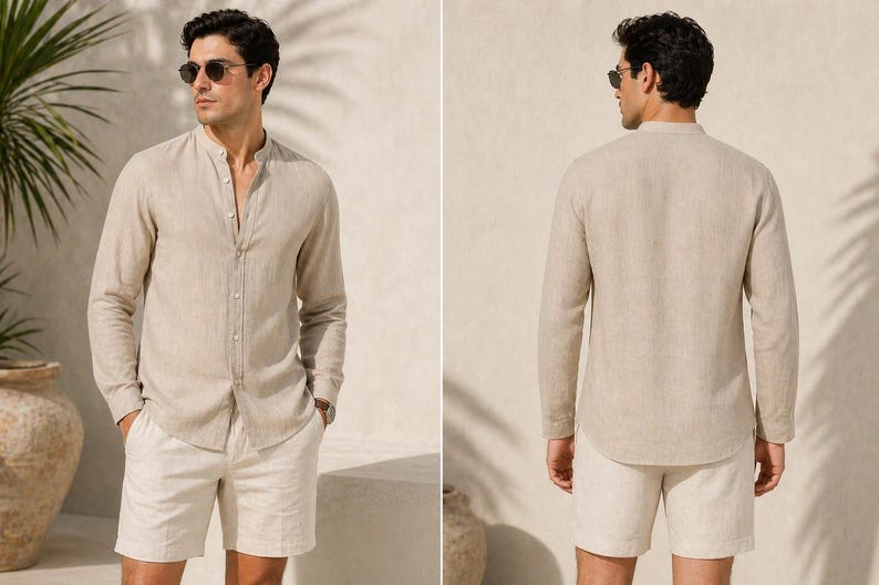Puede incluir: Camisa de lino beige con cuello mao y mangas largas, combinada con pantalones cortos color blanco roto. La camisa est&aacute; abotonada y los pantalones cortos tienen un corte relajado. El conjunto es adecuado para climas c&aacute;lidos.