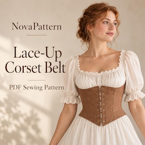 May include: A brown lace-up corset belt featuring metal eyelets and a crisscross cord closure. The text NovaPattern Lace-Up Corset Belt PDF Sewing Pattern is displayed in dark brown lettering on the left side of the image.