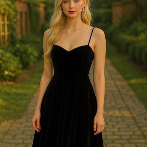 ブラックベルベットドレスの縫製パターン | エレガントなフィット＆フレアドレスのPDF | スパゲッティストラップカクテルドレス | クラシックなイブニングドレスのDIYパターン