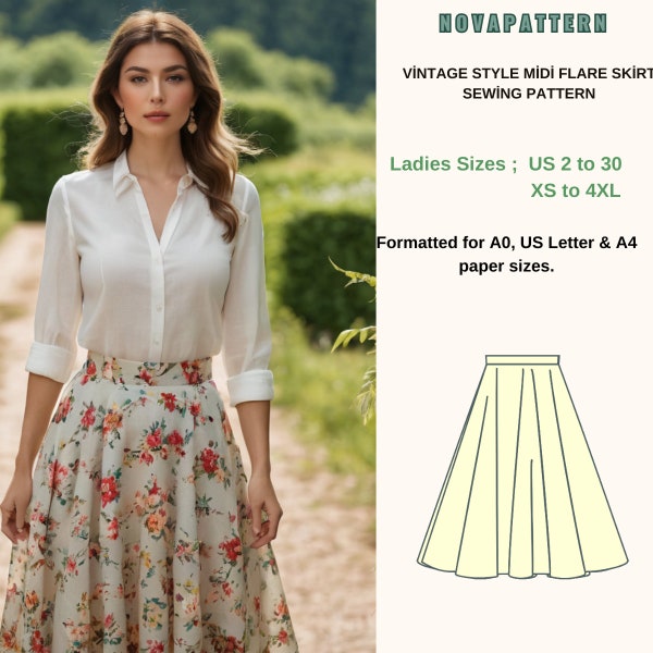 Cottagecore Vintage Skirt Pattern,Inspired by Audrey Hepburn and Grace Kelly, A0, A4 US Letter-US 2 to 30 (XS to 4XL)