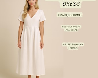 V Neck Maxi Linen Dress Sewing Pattern | Flowy Summer Dress PDF | Minimalist Long Dress Pattern | Easy DIY Boho Outfit | Casual Chic Style