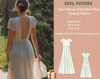 Cottagecore,Fairy Dress Sewing Pattern,Open back Maxi Dress-Ladies size US 2 to 30//XS to 4XL /// Letter-A4-A0 form paper sizes