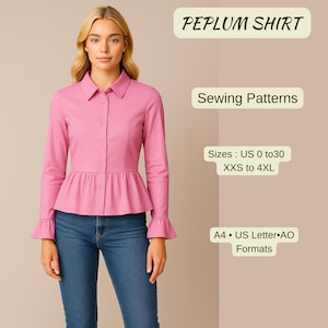 Schnittmuster für Peplum Shirt, Damen Top, Bluse mit Ausgestelltem Saum, PDF Schnittmuster, Langarm Bluse mit Ausgestelltem Saum, A4 A0 US Letter, XS-4XL