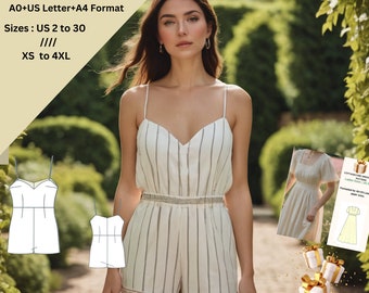 inen Sommer-Strampler Schnittmuster, Damen Strappy Jumpsuit Muster PDF A4 A0 US Letter Leichter Playsuit US 2-30