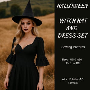 May include: A woman in a black witch hat and dress. The dress features a sweetheart neckline and flared sleeves. The image includes the text "HALLOWEEN WITCH HAT AND DRESS SET" and "Sewing Patterns". Sizes range from US 0 to 30 and XXS to 4XL.