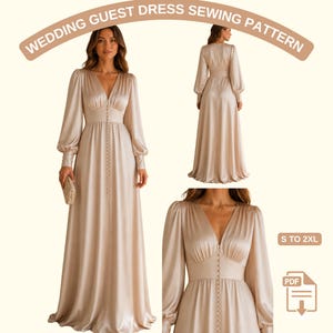 Puede incluir: Un vestido beige de manga larga con escote en V y detalles de botones. El vestido tiene cintura entallada y falda fluida. La imagen incluye el texto "WEDDING GUEST DRESS SEWING PATTERN" y "S TO 2XL".
