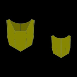 May include: Two olive green sleeveless tops with a square neckline and a pointed hemline. The larger top on the left features a wider neckline and more pronounced structural seams, while the smaller top on the right has a simpler construction.