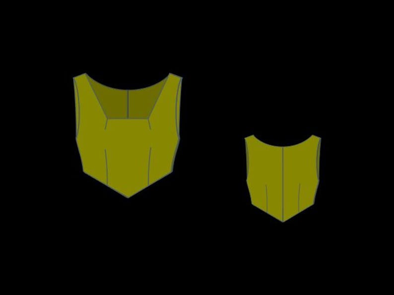 May include: Two olive green sleeveless tops with a square neckline and a pointed hemline. The larger top on the left features a wider neckline and more pronounced structural seams, while the smaller top on the right has a simpler construction.