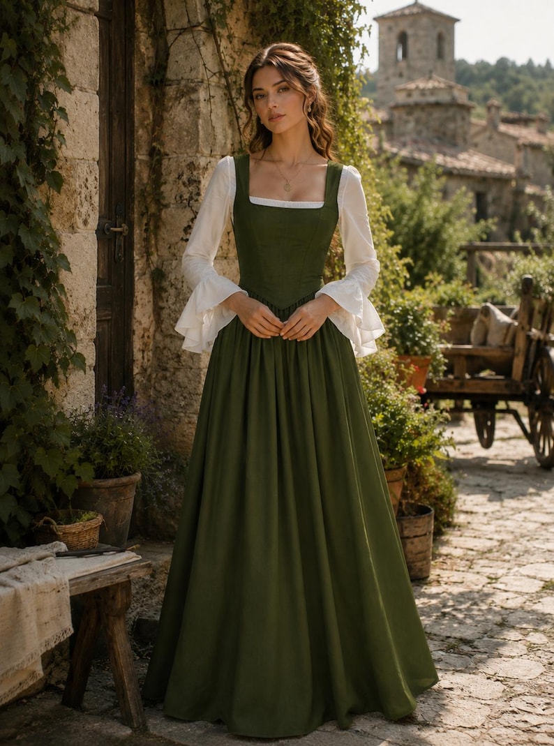 May include: A floor-length olive green dress featuring a square neckline and a fitted bodice. The dress is layered over a white long-sleeved blouse with flared, ruffled cuffs. The skirt is full and pleated at the waist, creating a structured silhouette.