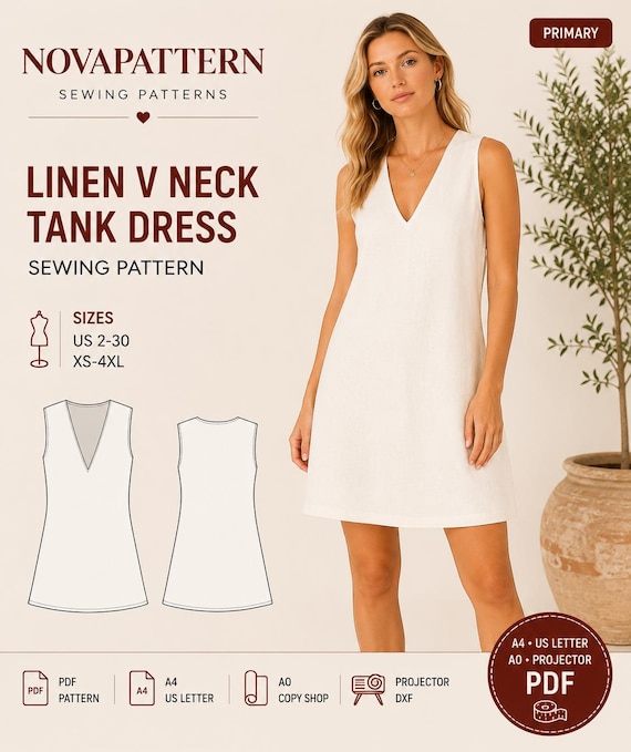 Linen V Neck Mini Dress Sewing Pattern, Sleeveless Summer Dress Pattern, Relaxed Fit Tunic Dress PDF, Women US 2-30, A4 A0 US Letter