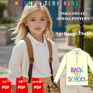 Patrón de costura en PDF para sudadera con cuello alto, manga larga, adecuada para tamaños A4, A0 y carta de EE. UU., DXF, rango de edad de 2 a 16 años