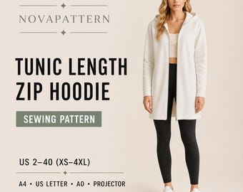 Naaipatroon voor een tuniek-hoodie met rits, casual lange jas met capuchon (digitale download)