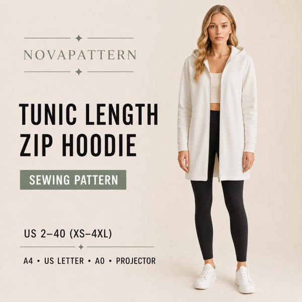 Tunic Length Zip Hoodie Sewing Pattern, Long Hooded Sweatshirt PDF, Casual Zip Jacket, Women’s Hoodie Pattern A0 A4 US Letter, XS–4XL