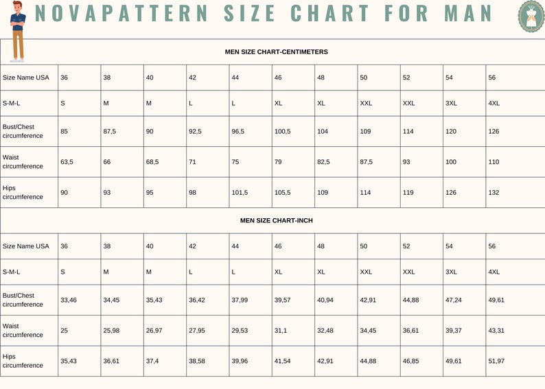 Puede incluir: Tabla de tallas de ropa para hombre, con medidas en cent&iacute;metros y pulgadas. Incluye contorno de pecho, cintura y cadera, con tallas desde la S hasta la 4XL. La tabla se titula "NOVAPATTERN SIZE CHART FOR MAN."
