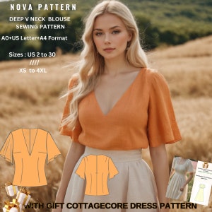 Patrón de blusa de lino con cuello en V y diseño cottagecore, adecuada para tallas A0-A4-US Carta // Tallas: US 2 a 30 y XS a 4XL
