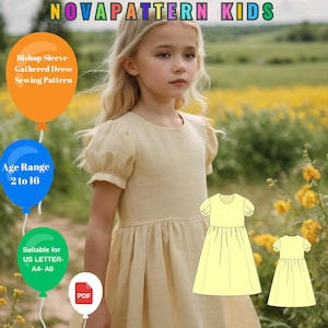 Patrón de costura de vestido de verano de lino fruncido para niños, vestido de niña con mangas de obispo, adecuado para letras A4-A0-US - DXF, rango de edad de 2 a 16 años