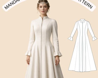 Mandarin Neck Cloak Sewing Pattern, Medieval Style Long Coat PDF Pattern, Elegant Flared Maxi Robe Dress, A4 A0 US Letter, XS–4XL