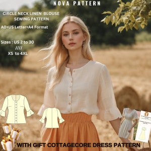 Patrón de blusa de lino con cuello redondo y diseño cottagecore, adecuada para tallas A0-A4-US Carta // Tallas: US 2 a 30 y XS a 4XL