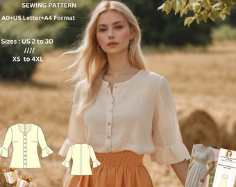 Linen Cottagecore Circle neck Blouse Pattern,Suitable for A0-A4-US Letter  //Sizes; US 2 to 30 and XS to 4XL