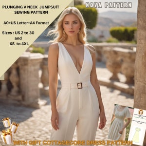 May include: A white plunging V-neck jumpsuit sewing pattern with a brown belt. The pattern includes sizes US 2 to 30 and XS to 4XL. The pattern is available in AO+US Letter+A4 format. The image also includes a cottagecore dress pattern.