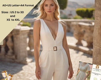 Plunging V neck Formal Jumpsuit Sewing Pattern|Dungaree Pattern,Womens Jumpsuit Pattern | US 2 to 30 | XS to4XL-Suitable for A0-US Letter-A4