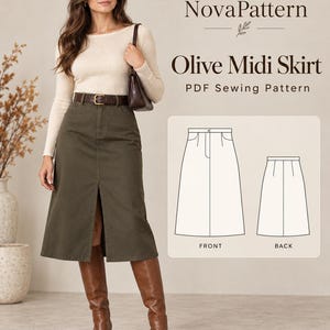 May include: An olive midi skirt with a front slit, worn with a brown belt, cream long-sleeve top, and brown boots. The image includes text reading NovaPattern Olive Midi Skirt PDF Sewing Pattern and a line drawing of the front and back.