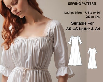 Renaissance Chemise pattern,Fairy,Regency,Elvish dress,Maxi Dress,Halloween costume , Suitable for A0 A4 US Letter-US 2 to 30