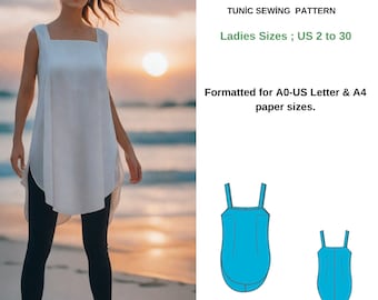 Tunic nightgown Sewing Pattern -A0- A4 -US Letter-US 2 to 30