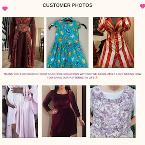 May include: A collage of customer photos showcasing various handmade garments. Featured items include a burgundy dress, a blue dress with a bear pattern, a red and white striped dress, a pink dress, a burgundy velvet dress, and a floral print top.