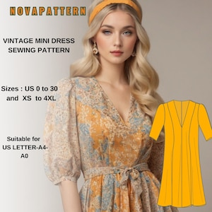 Vintage Midi Dress Pattern, Laides Size;US 2 to 30 (XS to 4XL)//Suitable for A0- A4- US Letter Format