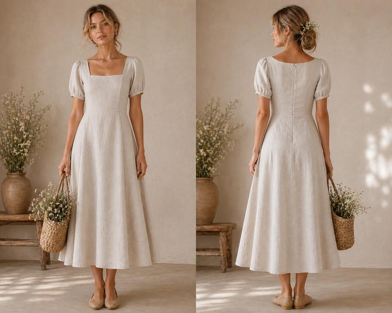 May include: A beige midi dress with a square neckline and short puff sleeves. The dress features a fitted bodice that transitions into a flared skirt, reaching mid-calf length. The fabric has a subtle texture, and the back includes a zip closure.