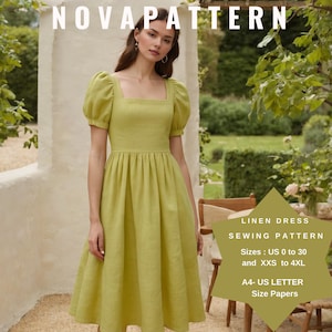 Linen Square Neck Midi Dress Sewing Pattern: Cottagecore Style (A0-A4-US Letter)