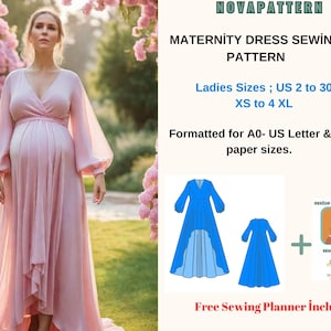 Maternity Gown Dress Sewing Pattern,Ladies Sizes ; US 2 to 30-Xs to4 XL ,Formatted A0, A4 ,US Letter Paper.