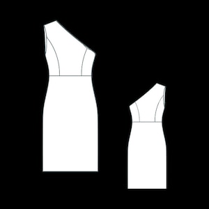 May include: Two white sleeveless dresses with one-shoulder necklines. The dress on the left is larger than the dress on the right.
