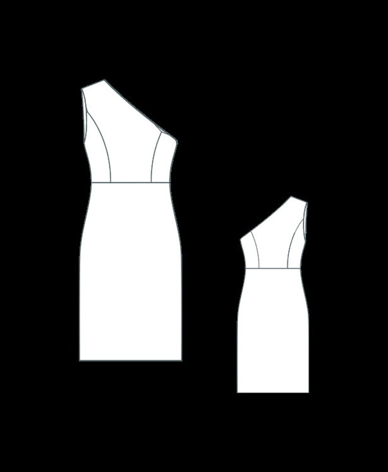 May include: Two white sleeveless dresses with one-shoulder necklines. The dress on the left is larger than the dress on the right.