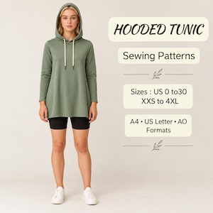 Könnte beinhalten: Eine salbeigrüne Kaputzentunika mit langen Ärmeln und weißen Kordeln, kombiniert mit einer schwarzen Shorts. Der Text lautet: HOODED TUNIC, Sewing Patterns, Sizes: US 0 to 30, XXS to 4XL, A4, US Letter, AO Formats. Lockerer Schnitt.
