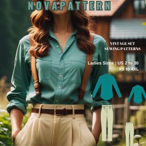 Könnte beinhalten: Ein Vintage-Schnittmuster-Set für ein Hemd und eine Hose. Das Schnittmuster umfasst die Größen US 2 bis 30, XS bis 4XL. Das Model trägt ein blaugrünes Hemd mit braunen Hosenträgern und eine beige Hose.