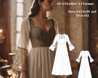 Renaissance Chemise Sewing Pattern: Elvish, Fairy, Regency Dress (A0 A4 US Letter) (US 2-30)