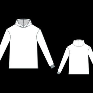 May include: White long-sleeved shirt with a high collar and gray cuffs. The image shows a front and back view of the shirt design. The collar has a detailed stitch pattern.