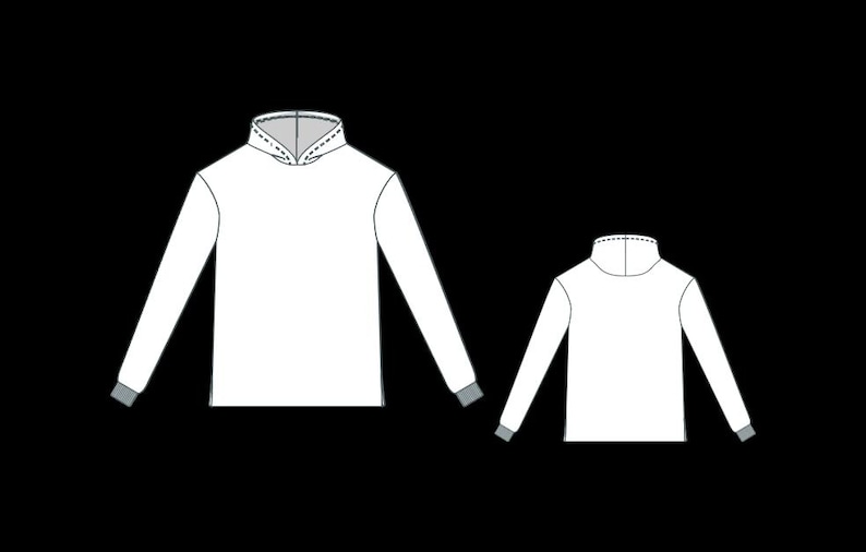 May include: White long-sleeved shirt with a high collar and gray cuffs. The image shows a front and back view of the shirt design. The collar has a detailed stitch pattern.
