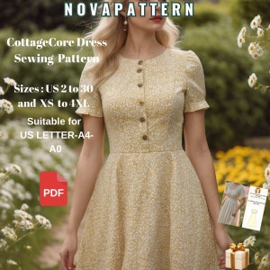 May include: A digital sewing pattern for a cottagecore dress in yellow with white floral print. The pattern is available in sizes US 2 to 30 and XS to 4XL. The pattern is suitable for printing on US Letter or A4 paper. The pattern is available as a PDF download.