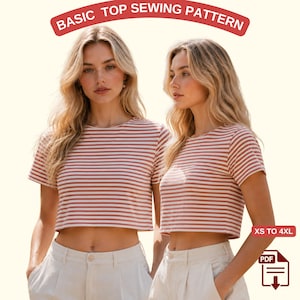 May include: Two women wearing red and white striped crop tops and white pants. The image includes the text "BASIC TOP SEWING PATTERN" and "XS TO 4XL". A PDF icon is in the bottom right corner.