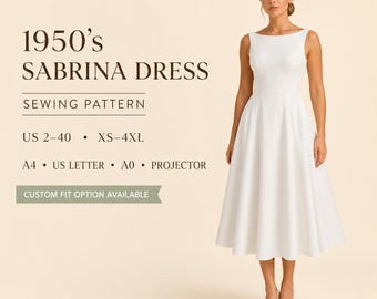Mönster för Sabrina-klänning från 1950-talet, mönster för vintage-klänning med båtringning och utsvängd passform, retro midiklänning i PDF-format, dammodell US 2-30 A4 A0 US Letter